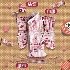 6分BJD娃衣 日式和服套裝 30cm玩偶服飾 藍色水華月明, 1個, 紅色小野由夏（頭飾+和服+腰帶）,模特僅做試穿