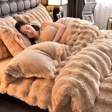 픽셀러 겨울용 토끼털 극세사 이불세트 침구세트 두꺼운 양면 침대용 침구, 라이트럭셔리 커피
