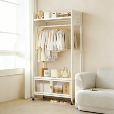 GOOD MOMENT 튼튼한 스탠드 바구니 먼지 방지 수납선반이 있는 시스템 조립식 행거, 화이트