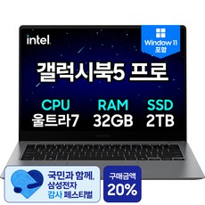 삼성전자 갤럭시북5 프로 14인치 인텔 울트라7 32GB 터치스크린 사무용 고사양 영상편집 노트북, 그레이, NT940XHZ-A72A, 2TB, WIN11 Home