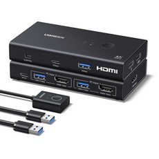 HDMI KVM 스위치 1 모니터 2 컴퓨터 4K@60Hz(USB 3.0 포트 4개 ) 컴퓨터용 2대가 하나의 키보드 마우스 하드 드라이브 웹캠과 USB 케이블 2개 컨트롤러