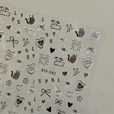 [오루셀렉트] Y2K 크롬 블랙 실버 포일 일러스트 네일 스티커 | 고양이 강아지 일러스트 하트 리본 포인트 데코, 1개, 블랙 크롬