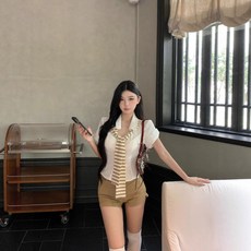 Yellwel 조합 스트라이프 숄더 두피스 반팔 셔츠 여성 여름 슬림 셔츠 DJP