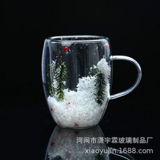송가지 이중 유리컵 귀여운 축제 선물 크리스마스 눈 풍경 송가지 컵 고붕규산 눈 풍경 컵, 독립형 흰색 상자 버블백 350ml, 크리스마스 눈 풍경 컵 계란 모양 컵