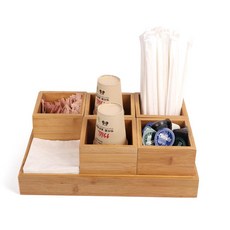 카페 깔끔한정리 대나무 다용도 종이컵 빨대 냅킨 시럽 탕비실 셀프바 커피용품, 정사각형 박스