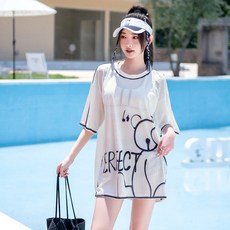 寬鬆長款學生保守遮肚泳衣三件套