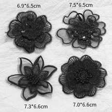 自粘免縫補丁貼，高端蕾絲花朵刺繡，羽絨服破洞修補布貼，黑色, 10# 【混裝4個】自粘款