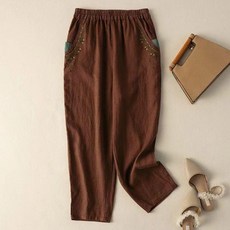 大尺碼 棉麻褲 復古刺繡 蘿蔔褲子女 夏季 直筒 哈倫褲 寬鬆 休閒 九分褲