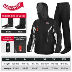 여름 오토바이 레인코트 레인자켓 바지 LED 경고등 분리형 슈트 폭우 방수 반사 방수복 야외 라이딩용, 2XL, 케미모토 블랙 LED