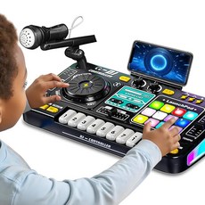 DJ 믹서 컨트롤러 테이블 음악 전자 LED 조명 사운드 효과 마이크 피아노 보드 키 악기 생일 선물 만 3 4 5 6 7세 용 247947, Black