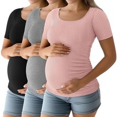 [ 1111804 ] 리이퍼 3팩 여성용 임산부 면 골지 탑 스쿱넥 반소매 티셔츠 사이드 주름 장식 엄마 옷 라이트 핑크 그레이 블랙 XXL