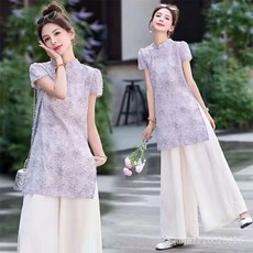 國風刺繡中式套裝 大尺碼新中式國風上衣闊腿褲套裝 夏季新款時尚寬鬆顯瘦提花上衣