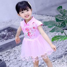 good 夏季連衣裙小女孩中國風公主裙中小童漢服蓬蓬紗裙表演旗袍裙