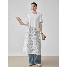 夏季鏤空蕾絲拼接寬鬆顯瘦長款不規則短袖T恤連衣裙女 微防晒 空調房外搭 日系連衣裙, 白色,3XL 建議120.0-150.0公斤, 白色