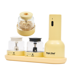 매직쉐프 전동 깨 소금 후추 통후추 그라인더 충전식 (본체+기본 팟2P+깨 팟1P+트레이) 3in1 50ml, 버터 옐로우