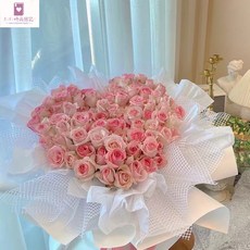 KiKi 愛心款玫瑰花束 永生花 畢業禮物 生日禮物 閨蜜禮物 模擬香皂花, 【愛你如初】33朵粉玫瑰抱抱桶+氣球