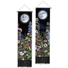 PLIGREAT 2종 세트 정원 꽃무늬 태피스트리 태슬 장식 달 풍경 벽걸이 빈티지 식물 태피스트리 (침실·거실·홈 데코용 다채로운 아트 태피스트리) 52 x 13인치, green/blue