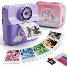 휴대용 케이스가 포함된 키즈 카메라 즉석 인쇄 6롤 인쇄 용지 5가지 단색 색상 32GB SD 카드 3-12세 여아용 휴대용 유아용 카메라 크리스마스 생일 선물, Purple