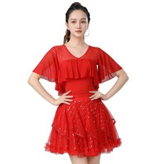 와우진플 스팽글 5부 스커트 라인 댄스복, 레드