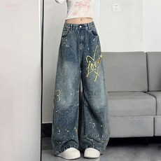 潮牌風 潑墨塗鴉彎刀牛仔褲 寬鬆闊腿牛仔長褲