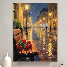 보석십자수 액자형 비 내리는 밤 거리 유럽 가로등 풍경 비즈 액자 포함 세트, 1개, 32x42cm
