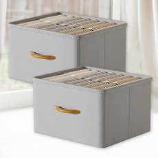 디모어 각잡힌 우드손잡이 다용도 패브릭 옷 정리 수납박스, 2개, 그레이, 중형