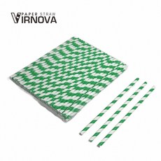 【Virnova】 竹纖維 紙吸管 6x195mm 綠白條紋 平頭 裸裝 彩色 派對 生物可分解 環保吸管, 1包, 100支