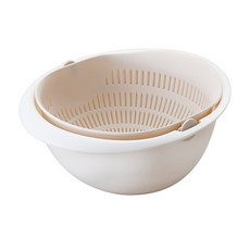 瀝水籃 蔬果盆 洗菜籃 雙層可拆式旋轉瀝水盆 水果籃 洗米神器, 米色, 1個