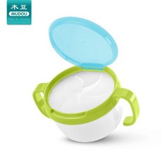 寶寶雙柄零食碗 - 防灑學習碗，嬰兒餅乾小碗, 綠色手柄+藍蓋子, 1個