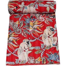 Marubhumi Indian Handmade Traditional Monkey Print Kantha Quilt Cotton Bedding Throw Blanket Bespr, 트윈(60인치 x 90인치), 레드