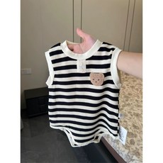 寶寶無袖條紋連體衣，卡通熊刺繡，男女適用, 1個, 黑色,66, unisex