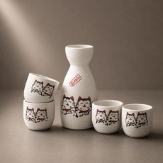 잔집사 일본감성 복고양이 플라워 사케잔세트 도자기 홈술잔, 1세트, 복고양이(5p)