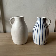 손잡이 꽃병 블루 유리 작은 오브제 화병 스트라이프 장식 둥근 핸드페인팅, 입 3 높이 13.5 흰색