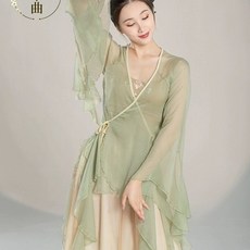 古典舞蹈服飄逸雪紡紗衣中國舞練功服仙氣大袖漢服表演服上衣, 嫩芽上衣,XL