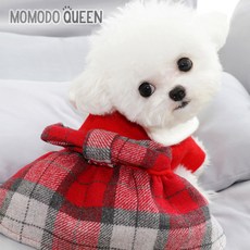 모모도퀸 *크리스마스* 레드레드 체크무늬 원피스 애견원피스, 레드, 1개