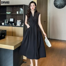 DFMEI 여름 여성복 엘레강스 브이넥 꼬임 허리 햅번풍 롱포켓원피스 9616