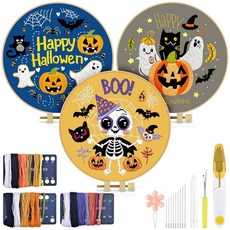 TINDTOP 3종 자수 키트 초보자용 개구리 연습 키트에는 기술이 적용된 공예 용 천 후프 실을, 1 Halloween