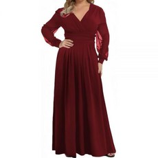 RED DOT BOUTIQUE 704 - 플러스 사이즈 가을 메시 긴소매 브이넥 와이드 웨이스트 A라인 주머니가 있는 롱 맥시 드레스 버건디 3X