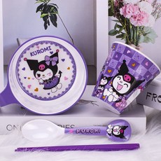 卡通庫洛米兒童餐具可愛家用耐摔防燙分格餐盤喫飯碗勺杯筷盤, 庫洛米【570ML】把手碗+庫杯+勺+筷, 1個