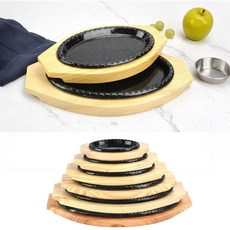 업소용 타원 콘치즈 법랑 철판 맥반석 코팅 주물팬 나무받침 세트, 1호-내경-13cm