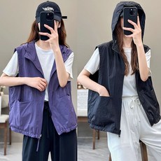 ORZQU 1+1 봄 여성 루즈핏 경량 민소매 조끼 스포츠 캐주얼 싱글 후드