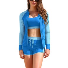SHEKINI 여성용 3피스 수영복 래쉬가드 긴소매 수영 셔츠 지퍼 컬러 블록 보이쇼츠 포함 하늘색 L