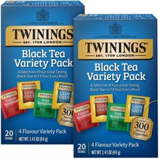 Twinings 홍차 버라이어티 1팩 얼 그레이 잉글리시 브렉퍼스트 아이리쉬 티백 카페인 각 20개 229649, 1