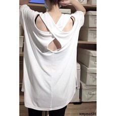 加大碼鏤空交叉美背露背上衣 寬鬆顯瘦蝙蝠袖中長版上衣, 1個, 白色,M 建議120斤內