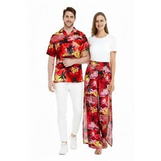 Matchable 커플 하와이안 루아우 셔츠 또는 와이드 레그 팬츠 선셋 레드 여성용 선셋 레드