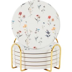 세라믹 흡수성 컵받침 6개 세트 홀더 포함 커피 테이블용 대리석 음료 컵받침 수분 흡수 스톤 컵받침 (임프레션), Fleur