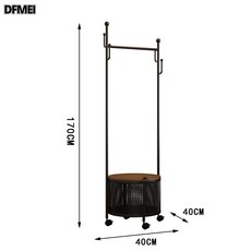 DFMEI 奶油風臥室落地掛衣架髒衣簍家用鐵藝衣服收納架簡易可移動衣帽架, 亞光黑藤編圓形款(長40高170)