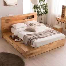 [삼익가구]러버 LED 4단 수납 원목 침대(매트제외-라지킹), 내추럴_매트제외