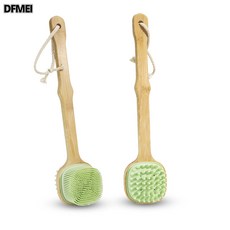 DFMEI 竹柄雙面洗澡刷 軟毛浴刷 長柄硅膠 帶掛繩搓澡刷, 1個, 1個裝, 淺綠:散裝