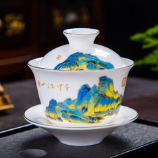 描金三才小號泡茶蓋碗, 1個, 1L, 千里江山:160ml